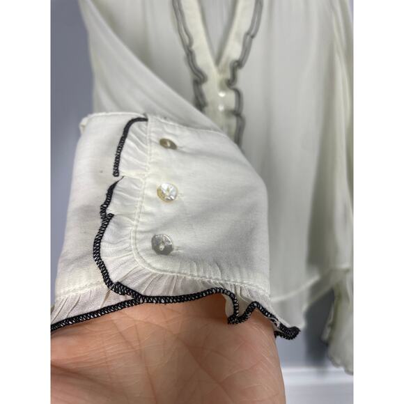 Free People, Size Small, Off White Button Up Blouse, Distressed Ruffle Contrast - Picture 2 of 9
